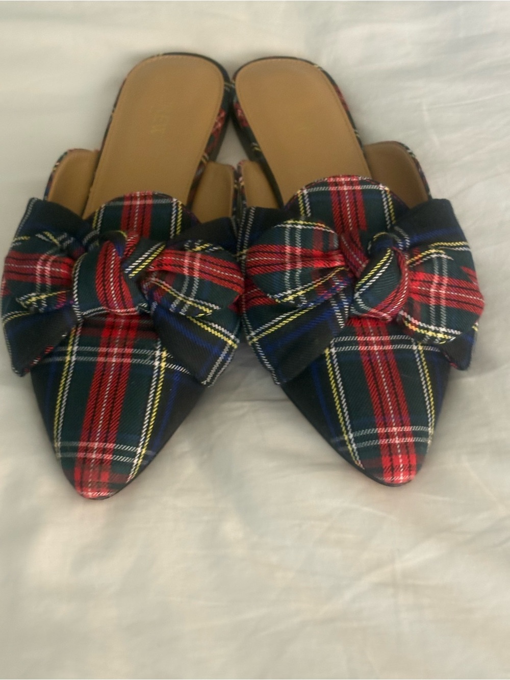 JCrew Plaid Bow Pointed-Toe Slide Mules - Red & Navy